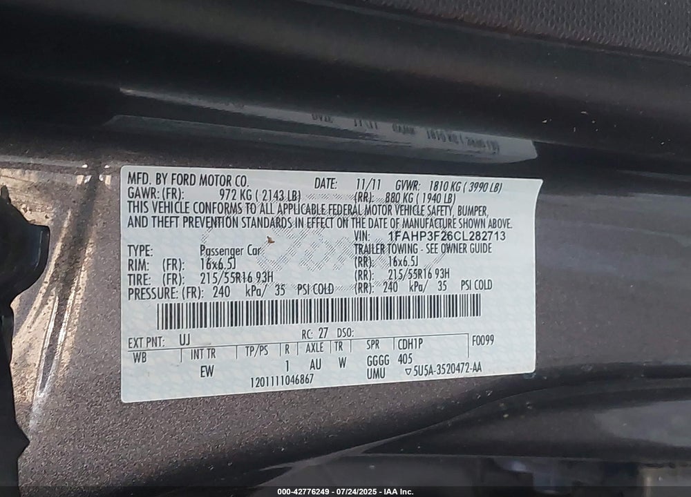 2012 FORD FOCUS VIN: 1FAHP3F26CL282713
