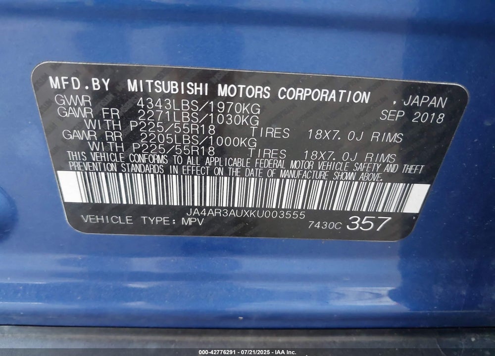 2019 MITSUBISHI OUTLANDER SPORT VIN: JA4AR3AUXKU003555