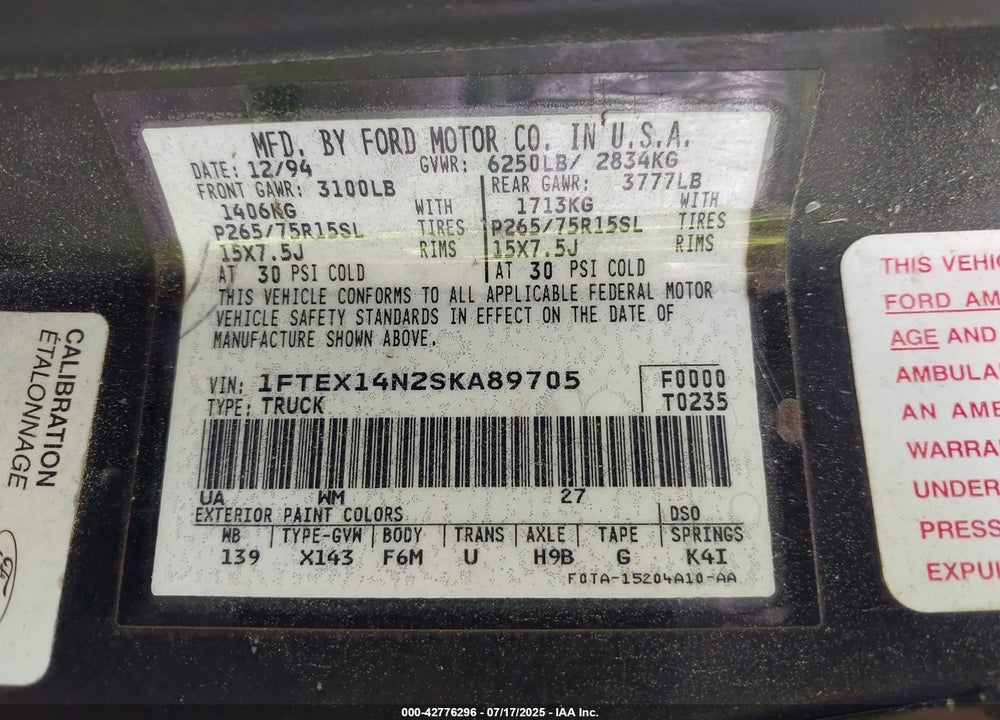 1995 FORD F150 VIN: 1FTEX14N2SKA89705