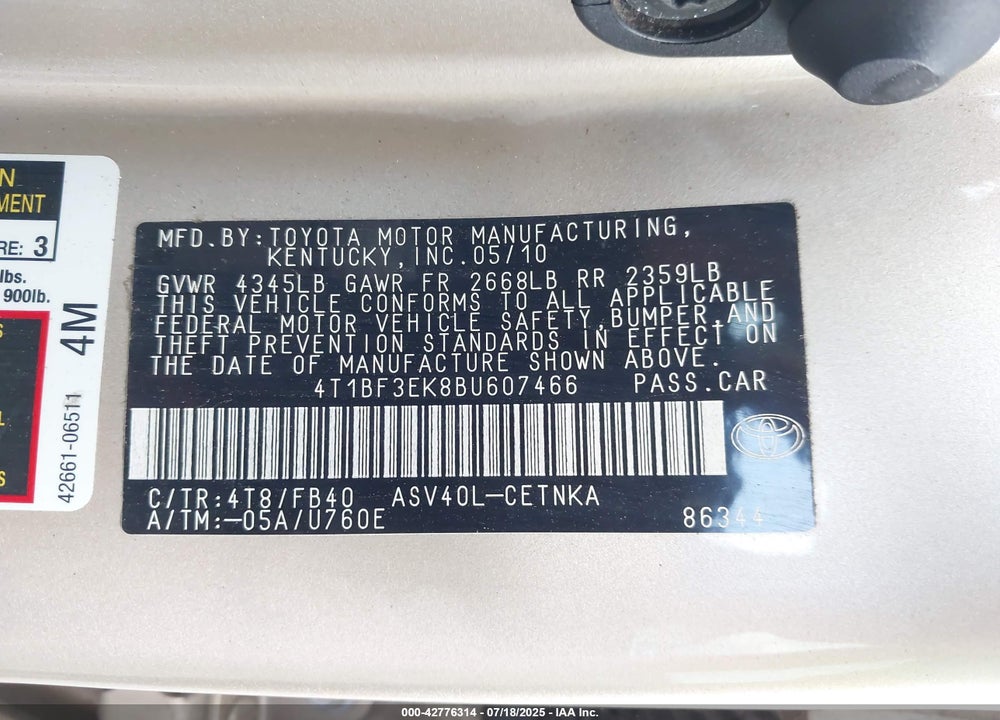2011 TOYOTA CAMRY VIN: 4T1BF3EK8BU607466