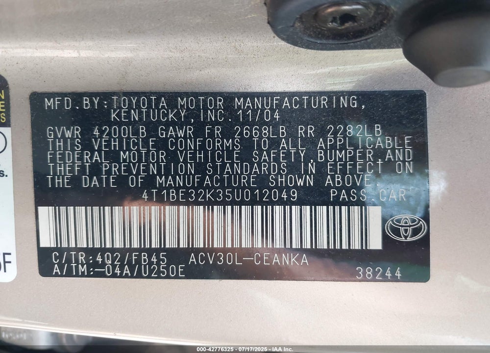 2005 TOYOTA CAMRY LE VIN: 4T1BE32K35U012049