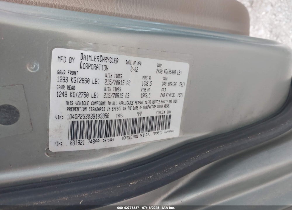 2003 DODGE CARAVAN SE VIN: 1D4GP25303B103858