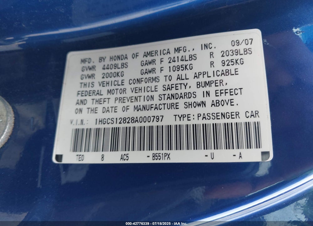 2008 HONDA ACCORD 2.4 EX-L VIN: 1HGCS12828A000797