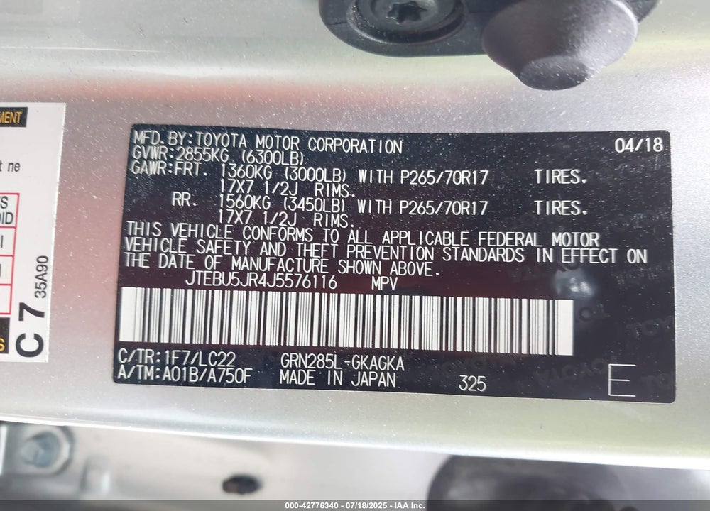 2018 TOYOTA 4RUNNER TRD OFF ROAD PREMIUM VIN: JTEBU5JR4J5576116