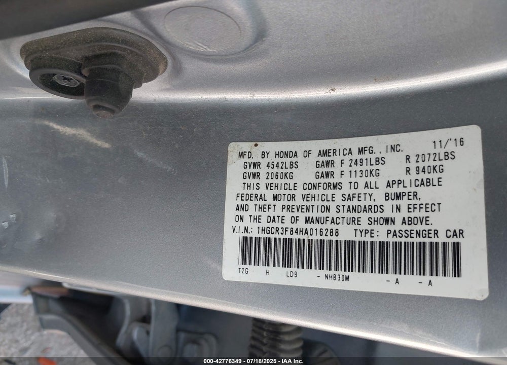 2017 HONDA ACCORD EX-L V6 VIN: 1HGCR3F84HA016288
