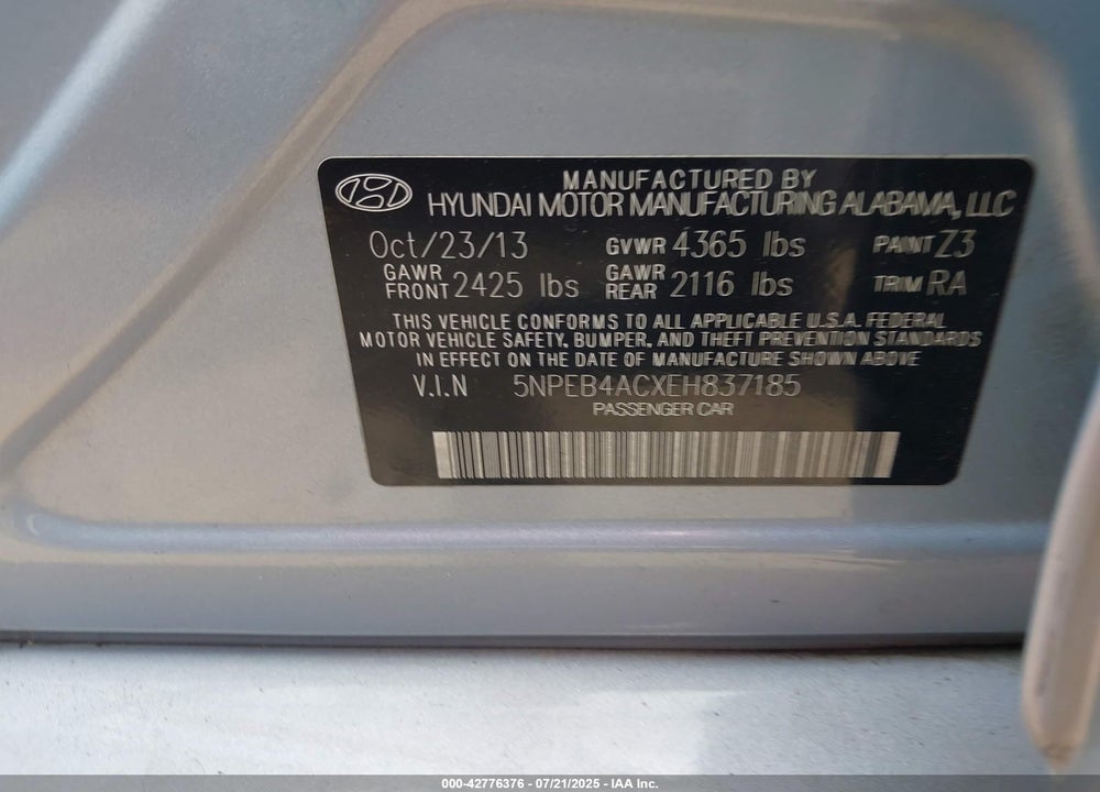 2014 HYUNDAI SONATA VIN: 5NPEB4ACXEH837185