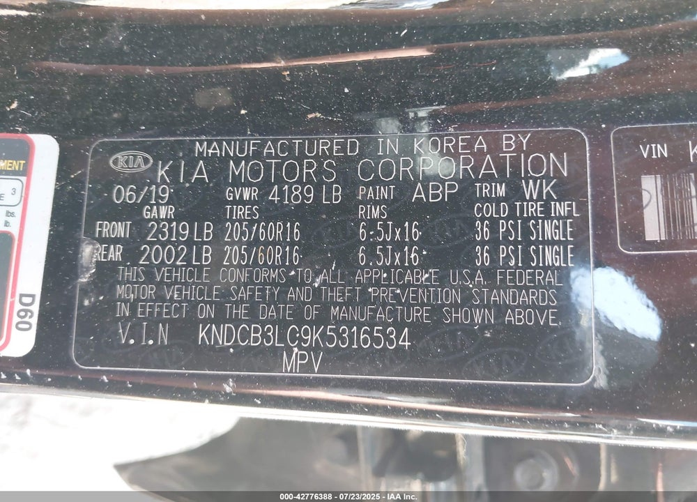 2019 KIA NIRO VIN: KNDCB3LC9K5316534