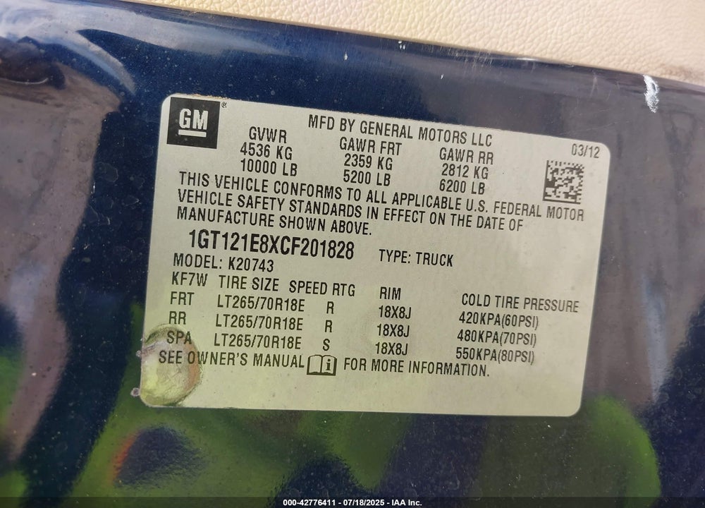 2012 GMC SIERRA VIN: 1GT121E8XCF201828