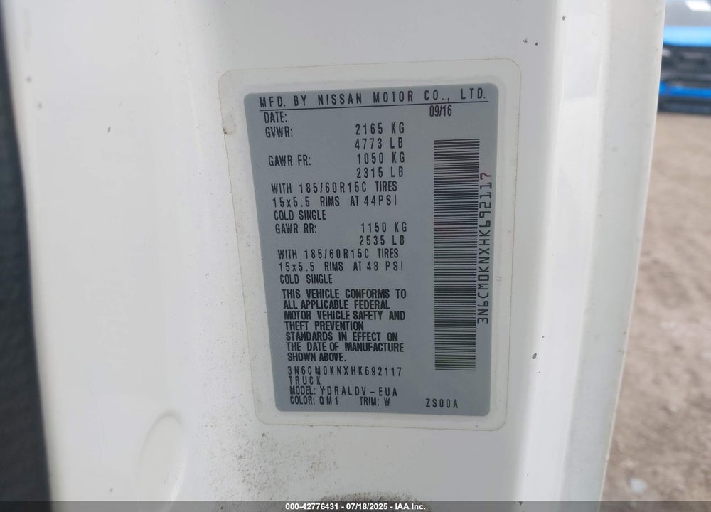 2017 NISSAN NV200 VIN: 3N6CM0KNXHK692117