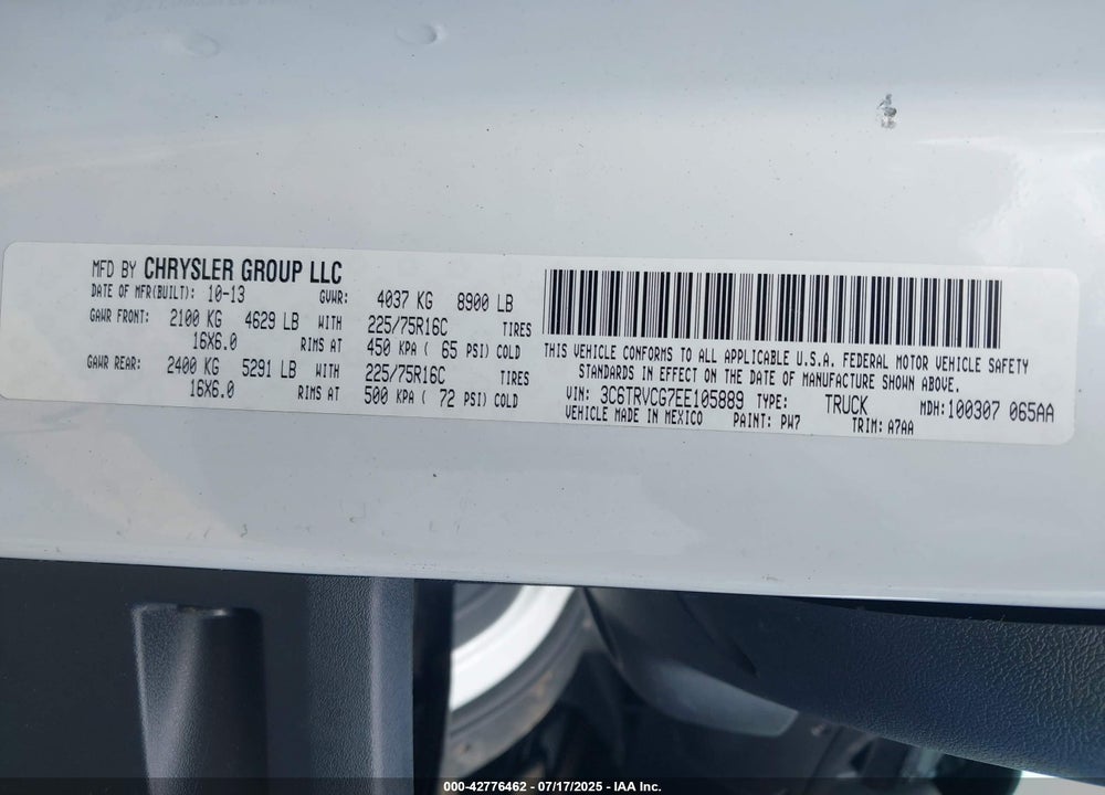 2014 RAM PROMASTER 2500 HIGH ROOF VIN: 3C6TRVCG7EE105889