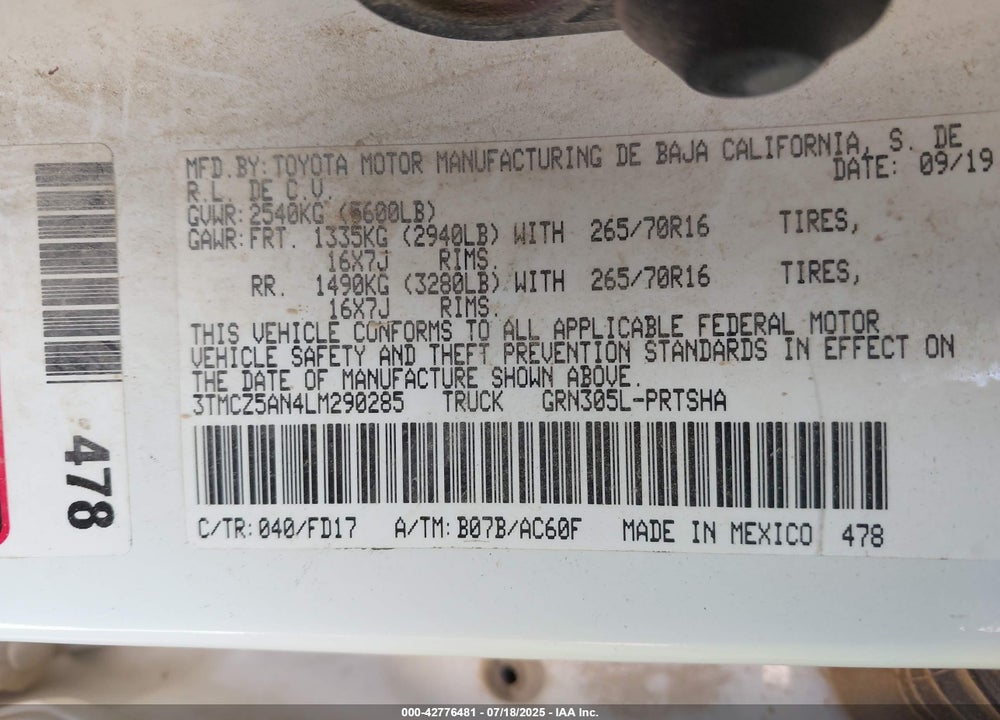 2020 TOYOTA TACOMA VIN: 3TMCZ5AN4LM290285