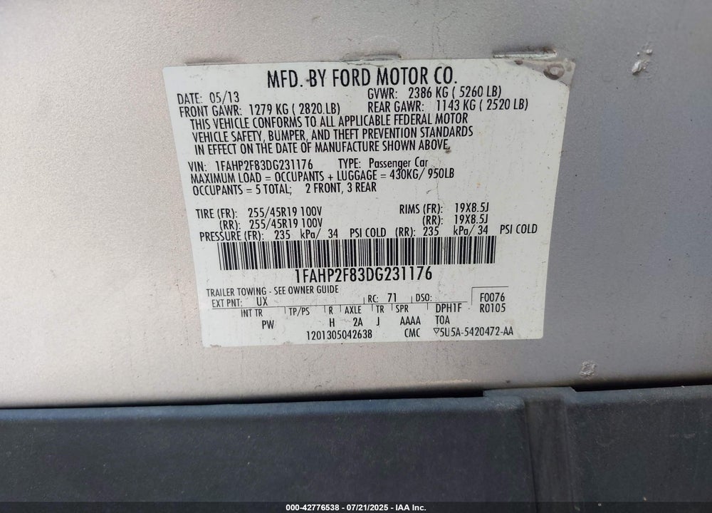 2013 FORD TAURUS VIN: 1FAHP2F83DG231176