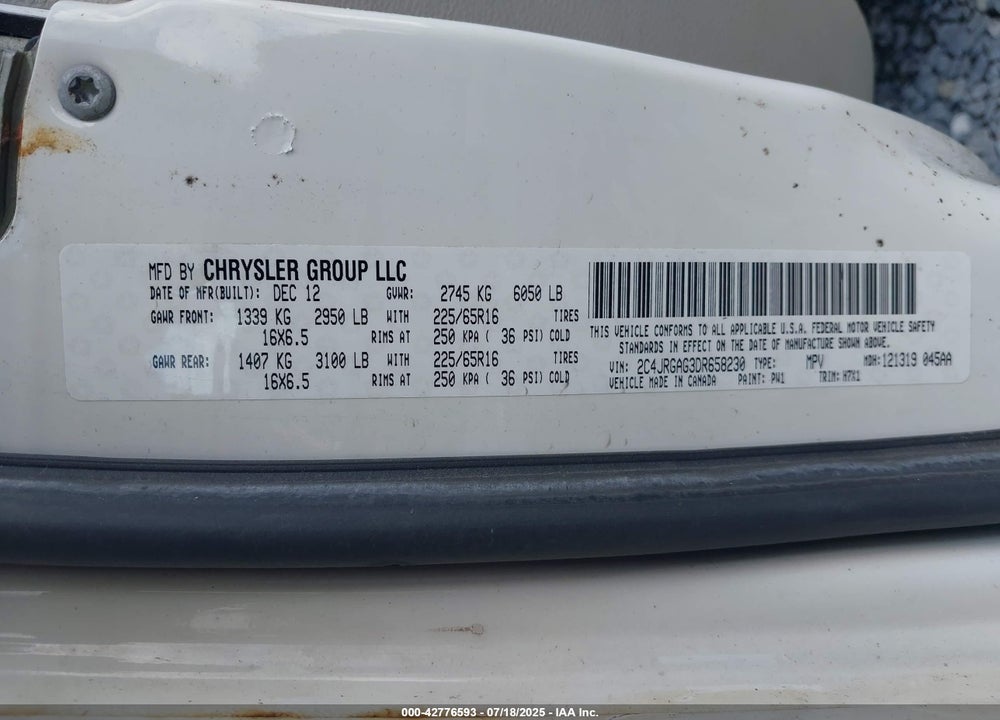 2013 RAM CARGO TRADESMAN VIN: 2C4JRGAG3DR658230