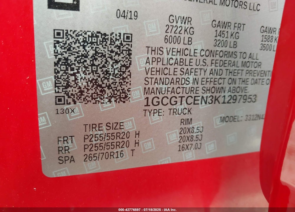 2019 CHEVROLET COLORADO VIN: 1GCGTCEN3K1297953