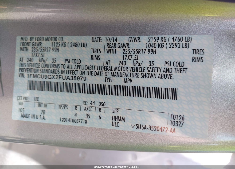 2015 FORD ESCAPE VIN: 1FMCU9GX2FUA38979