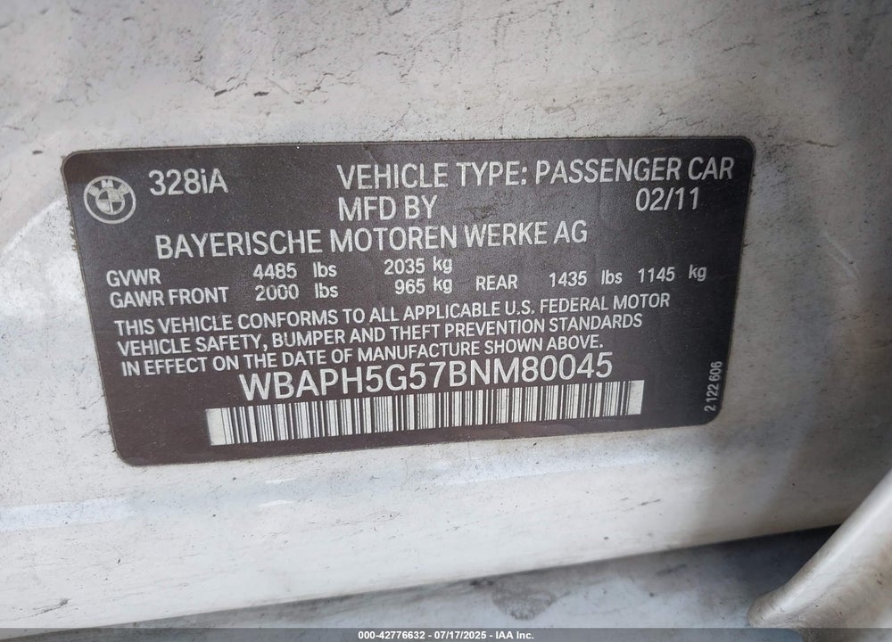 2011 BMW 3 SERIES VIN: WBAPH5G57BNM80045