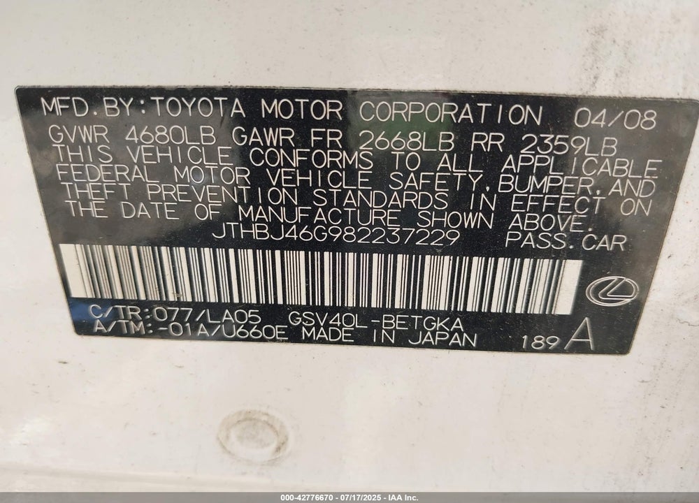 2008 LEXUS ES350 VIN: JTHBJ46G982237229