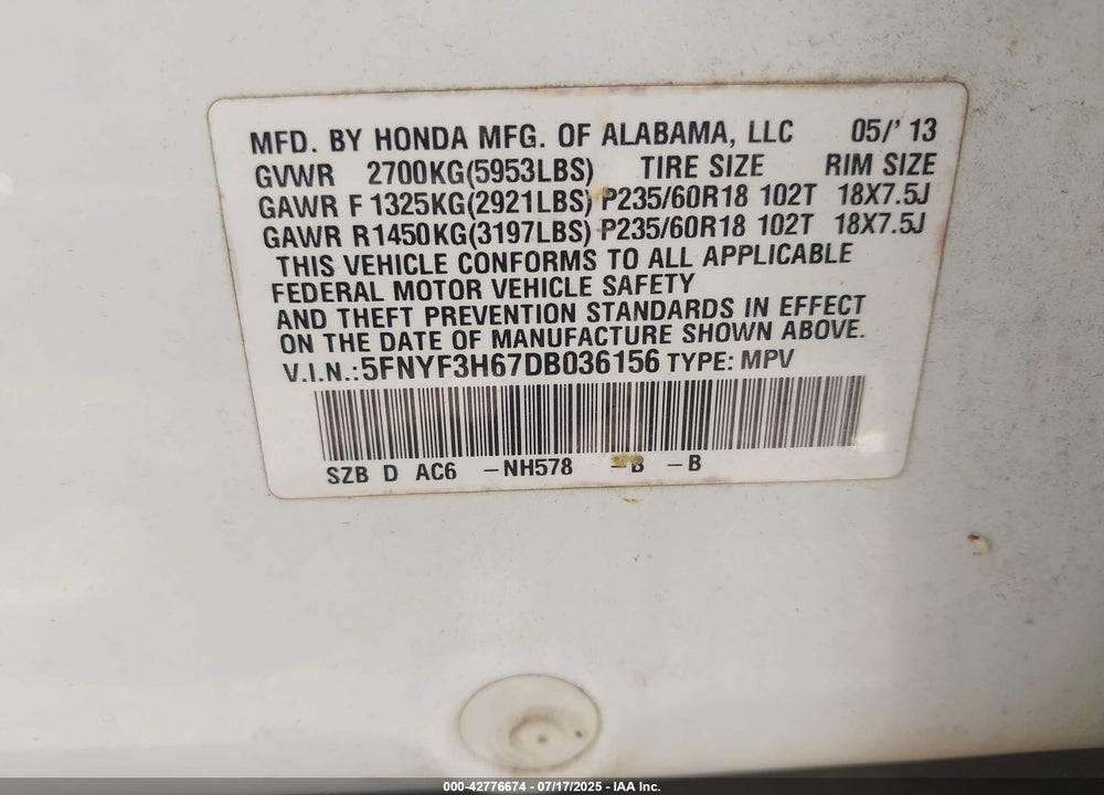 2013 HONDA PILOT VIN: 5FNYF3H67DB036156