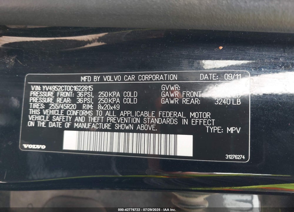 2012 VOLVO XC90 VIN: YV4952CT0C1622815