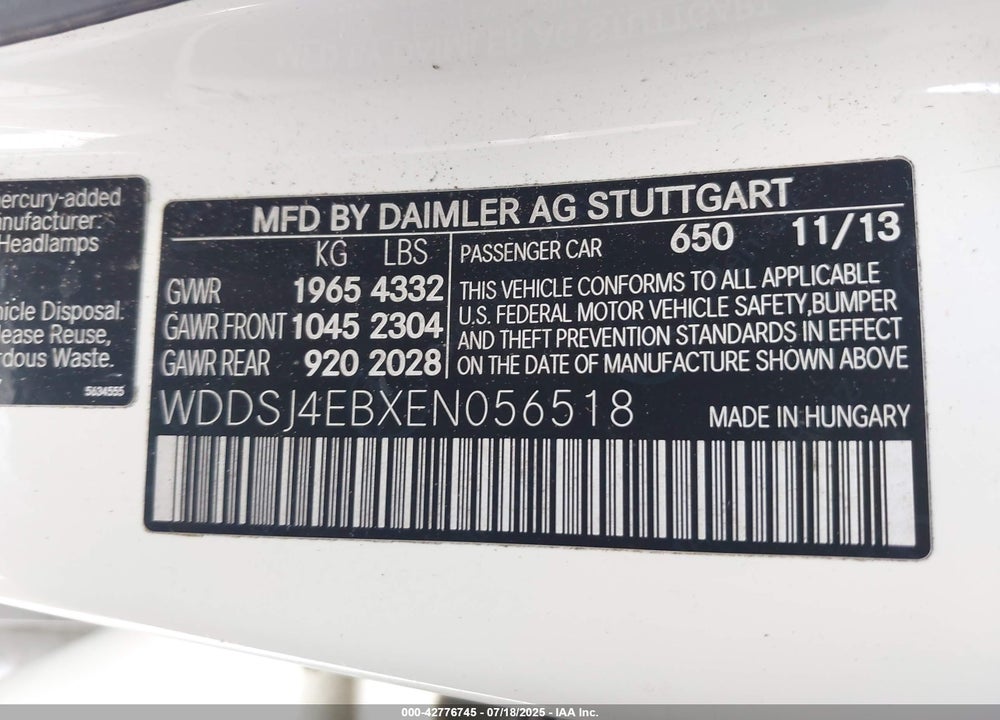 2014 MERCEDES-BENZ CLA-CLASS VIN: WDDSJ4EBXEN056518