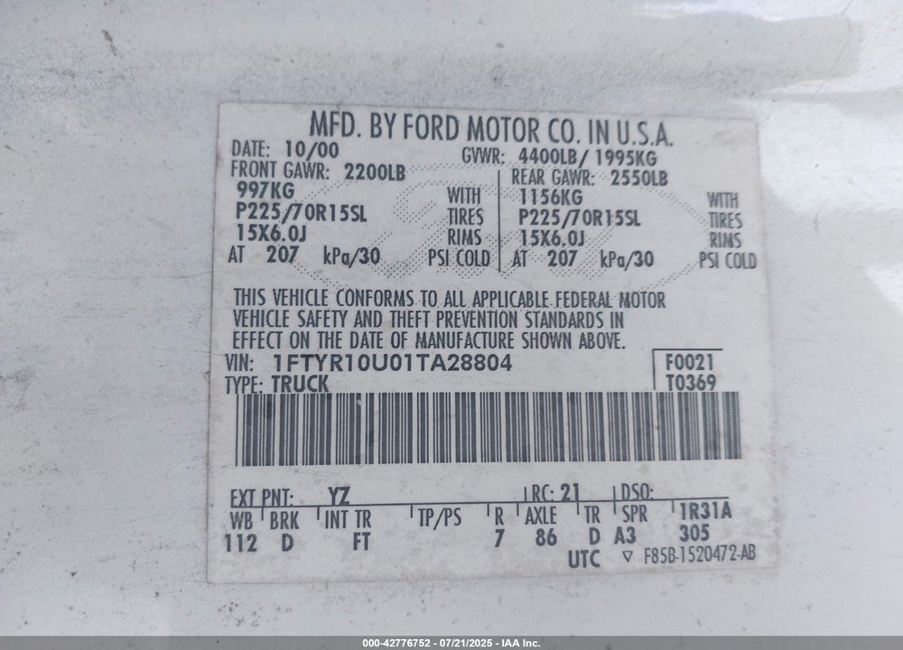 2001 FORD RANGER EDGE/XL/XLT VIN: 1FTYR10U01TA28804