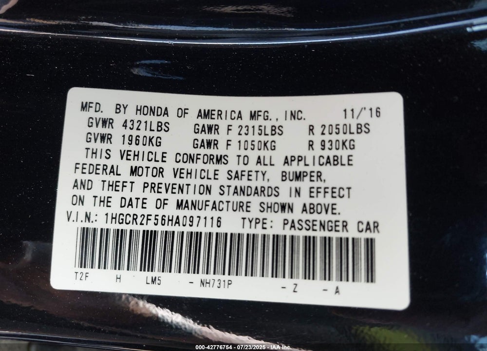 2017 HONDA ACCORD VIN: 1HGCR2F56HA097116