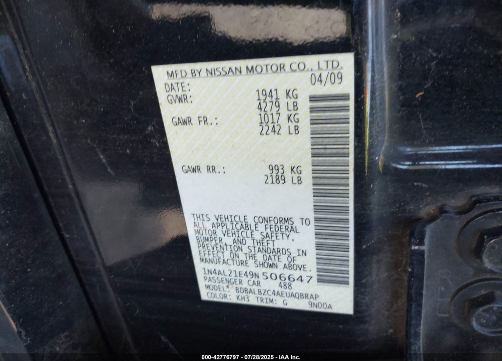 2009 NISSAN ALTIMA VIN: 1N4AL21E49N506647