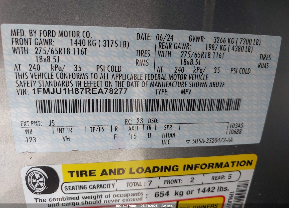 2024 FORD EXPEDITION VIN: 1FMJU1H87REA78277