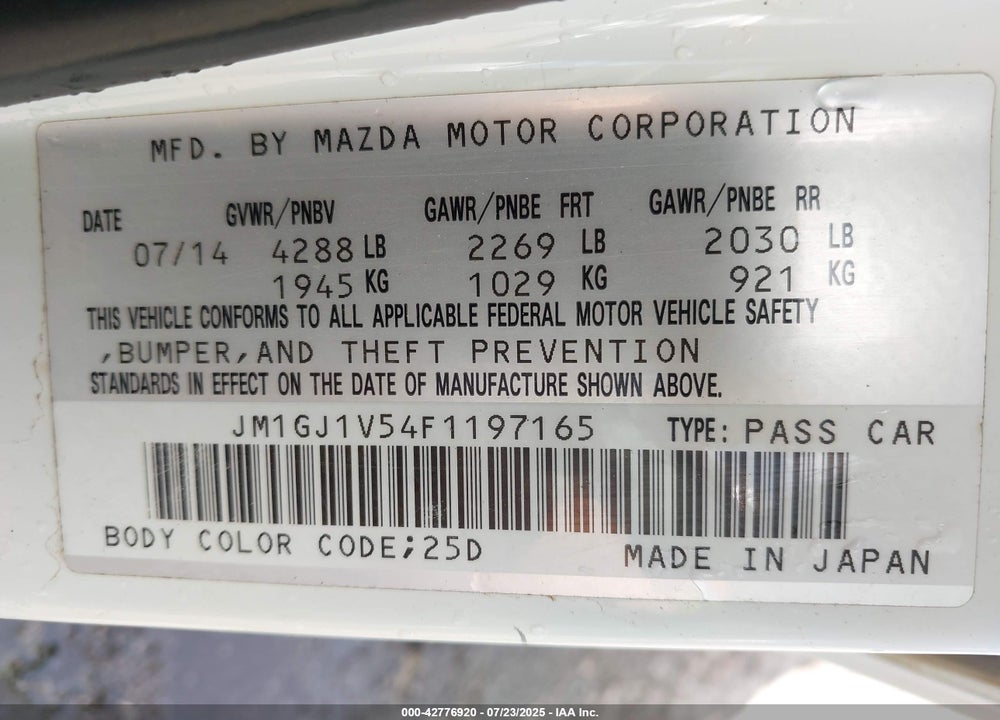 2015 MAZDA 6 VIN: JM1GJ1V54F1197165