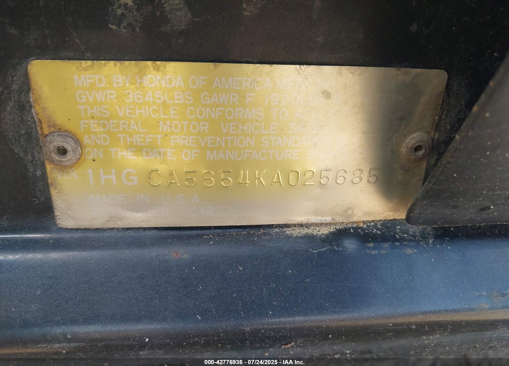 1989 HONDA ACCORD SEI VIN: 1HGCA5654KA025685