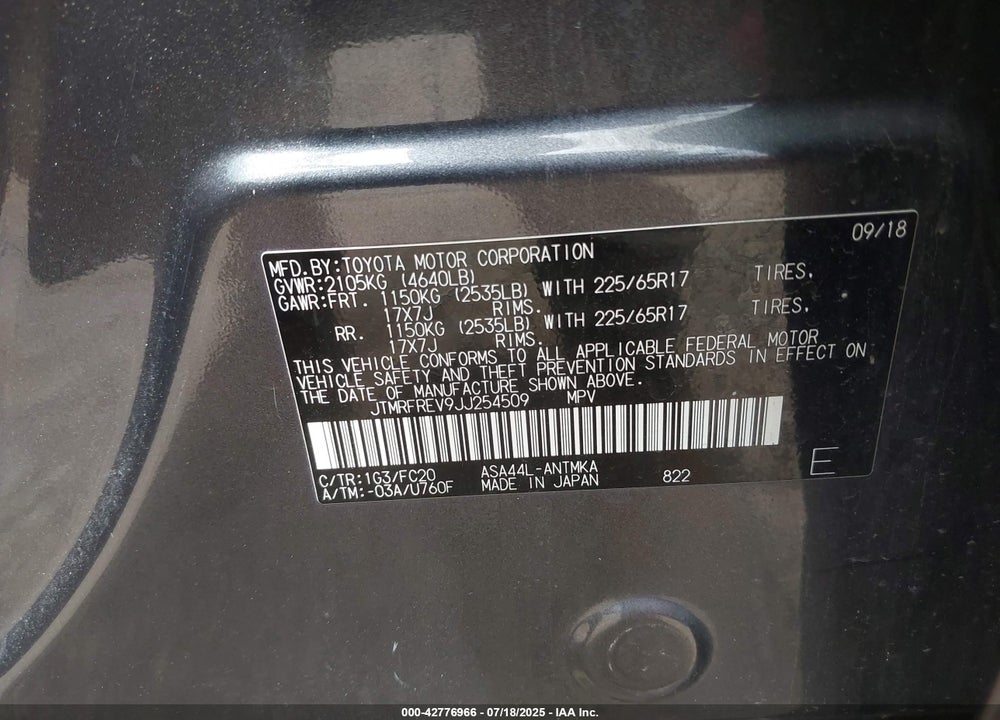 2018 TOYOTA RAV4 VIN: JTMRFREV9JJ254509