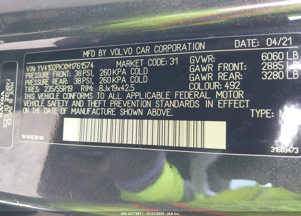 2021 VOLVO XC90 VIN: YV4102PKXM1761574