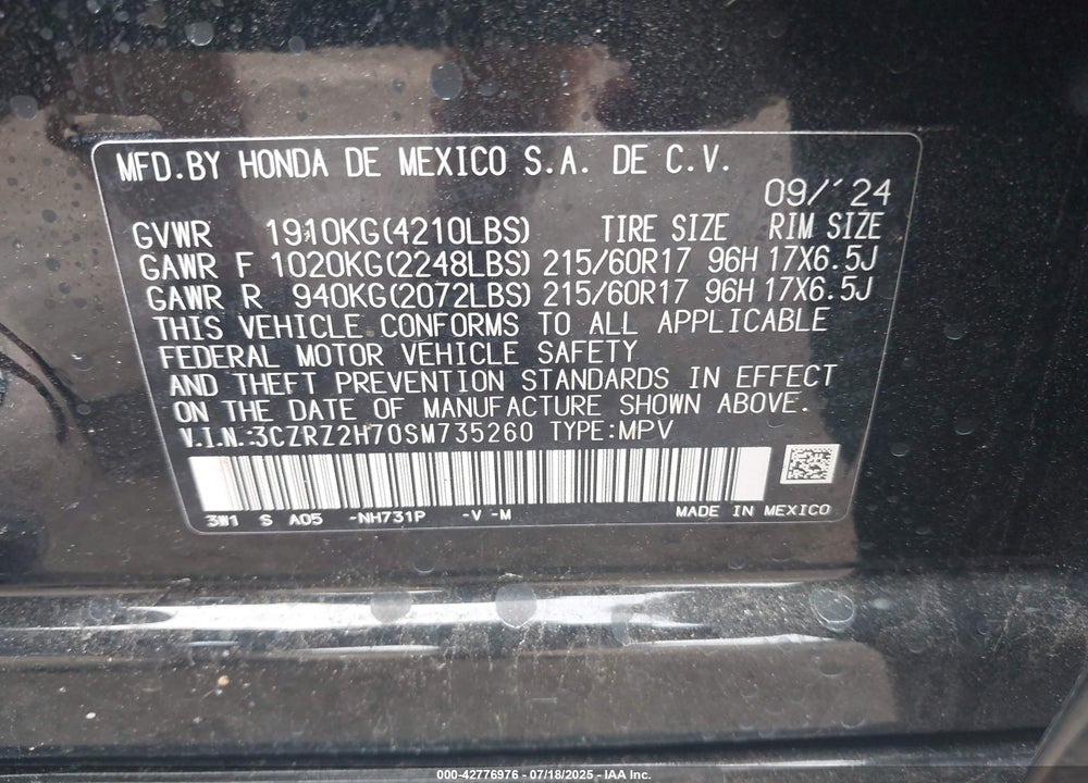 2025 HONDA HR-V VIN: 3CZRZ2H70SM735260