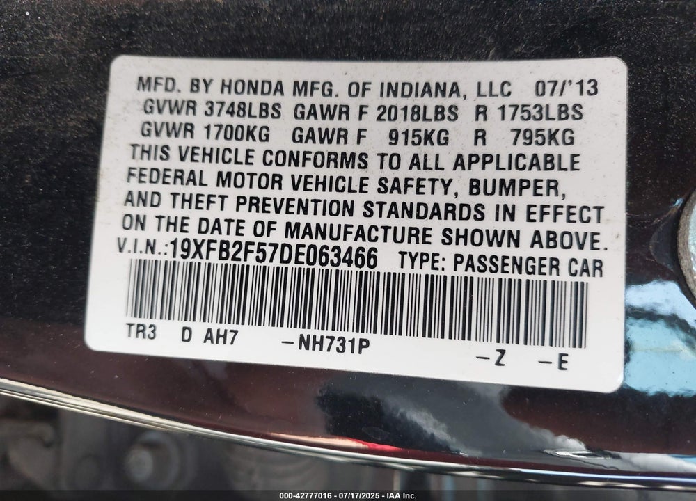 2013 HONDA CIVIC VIN: 19XFB2F57DE063466