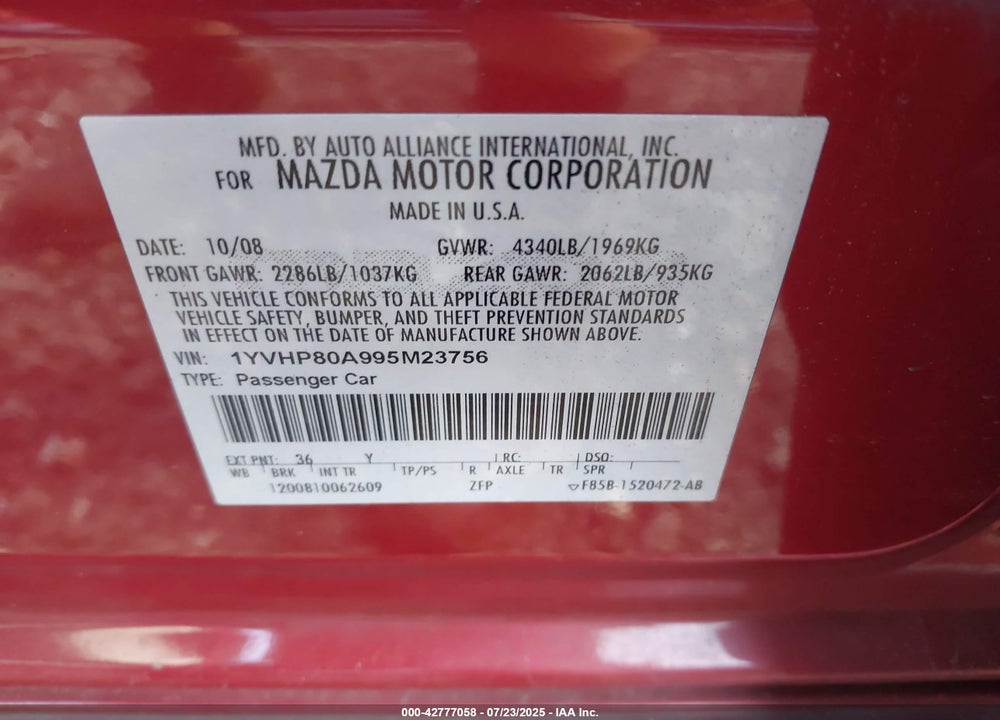 2009 MAZDA 6 VIN: 1YVHP80A995M23756