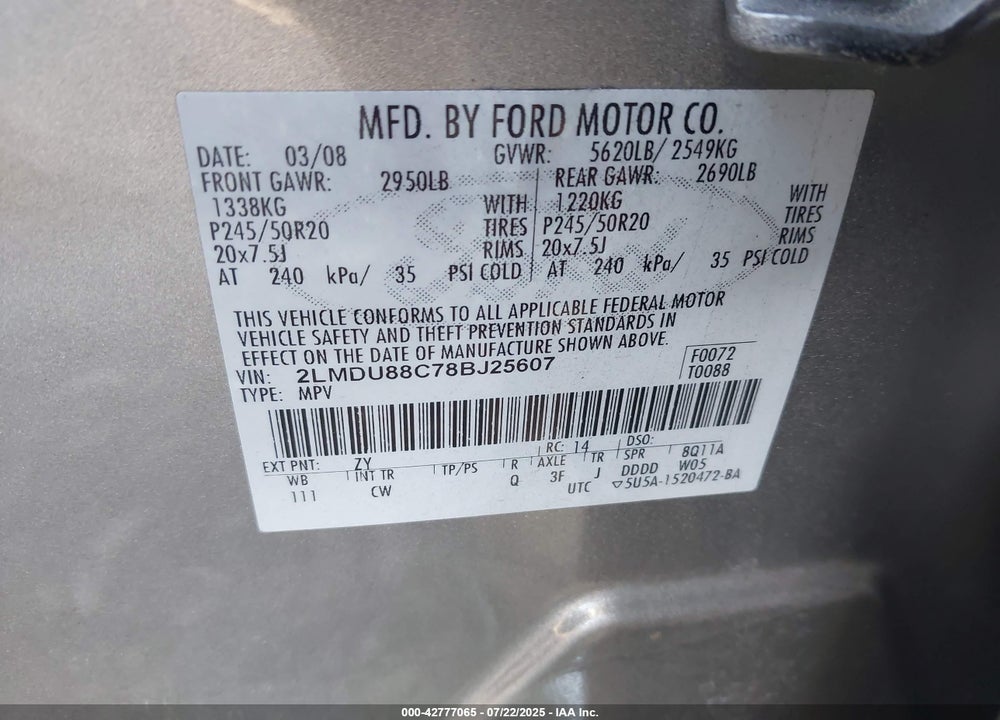 2008 LINCOLN MKX VIN: 2LMDU88C78BJ25607