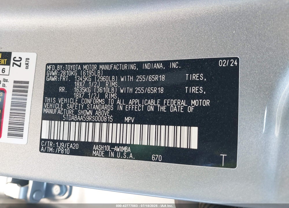 2024 TOYOTA GRAND HIGHLANDER HYBRID XLE VIN: 5TDABAA59RS000815