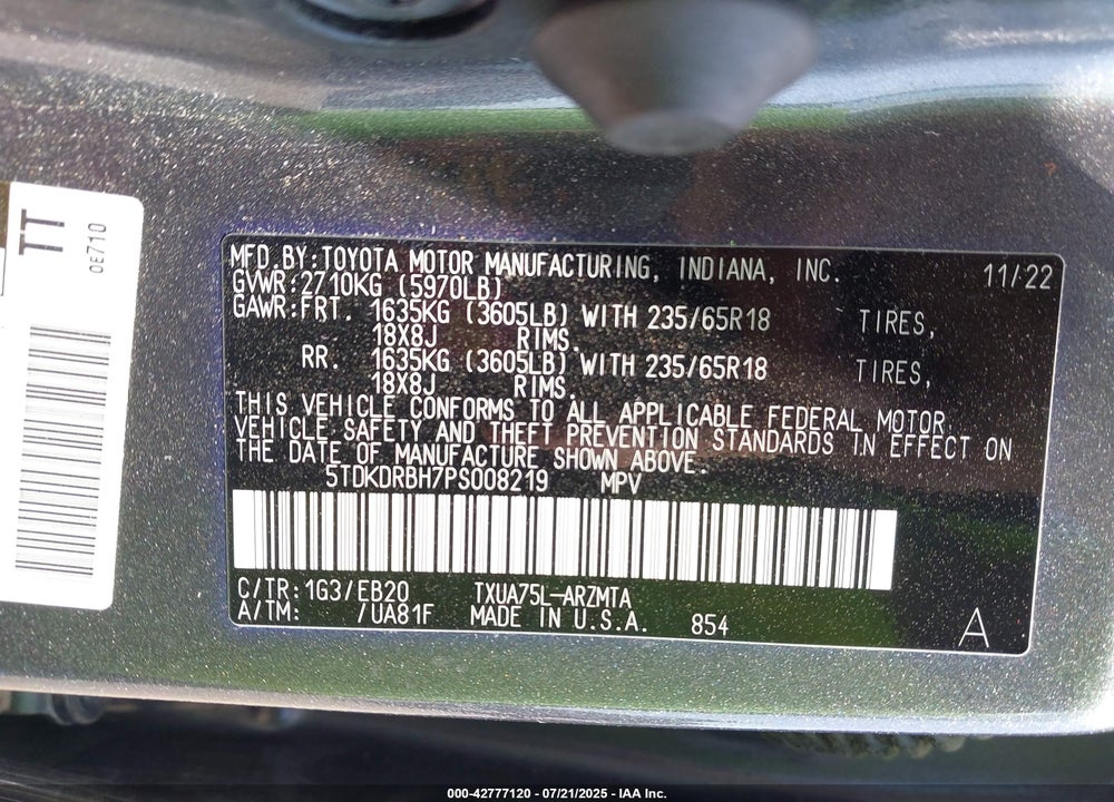 2023 TOYOTA HIGHLANDER VIN: 5TDKDRBH7PS008219