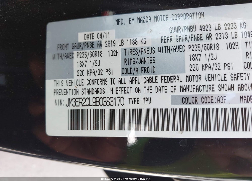 2011 MAZDA CX-7 VIN: JM3ER2CL9B0383170