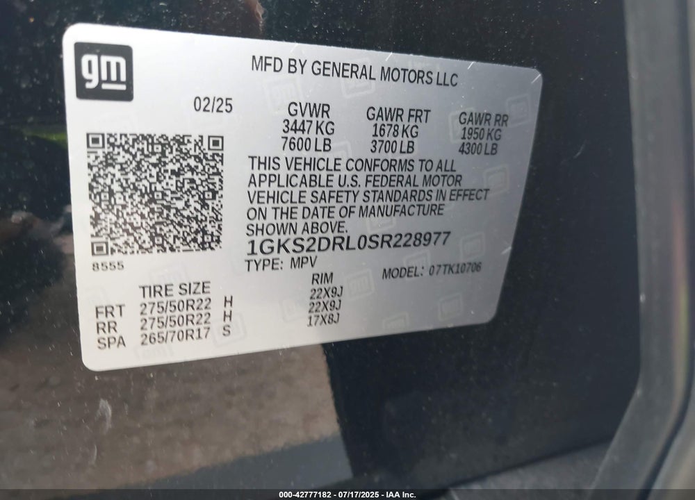 2025 GMC YUKON VIN: 1GKS2DRL0SR228977