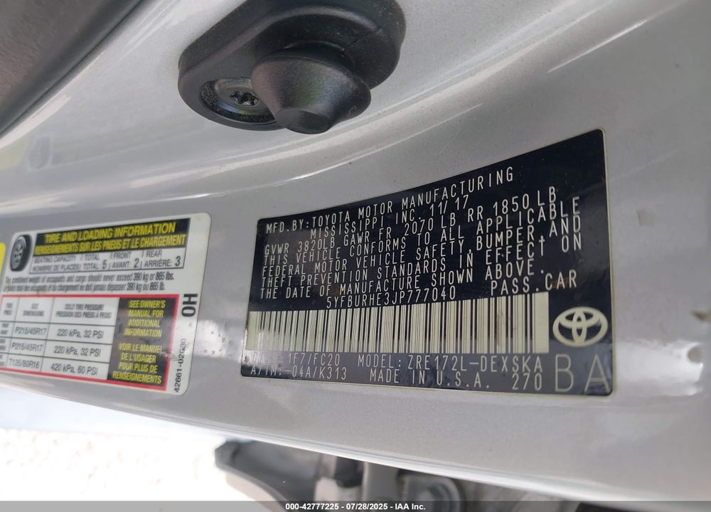 2018 TOYOTA COROLLA VIN: 5YFBURHE3JP777040