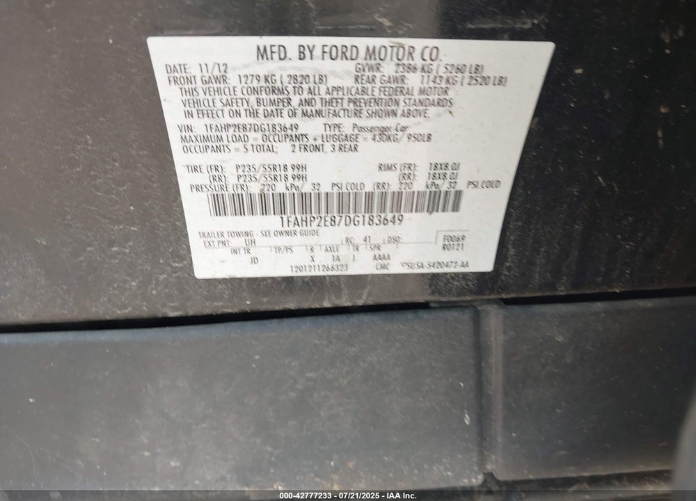 2013 FORD TAURUS VIN: 1FAHP2E87DG183649