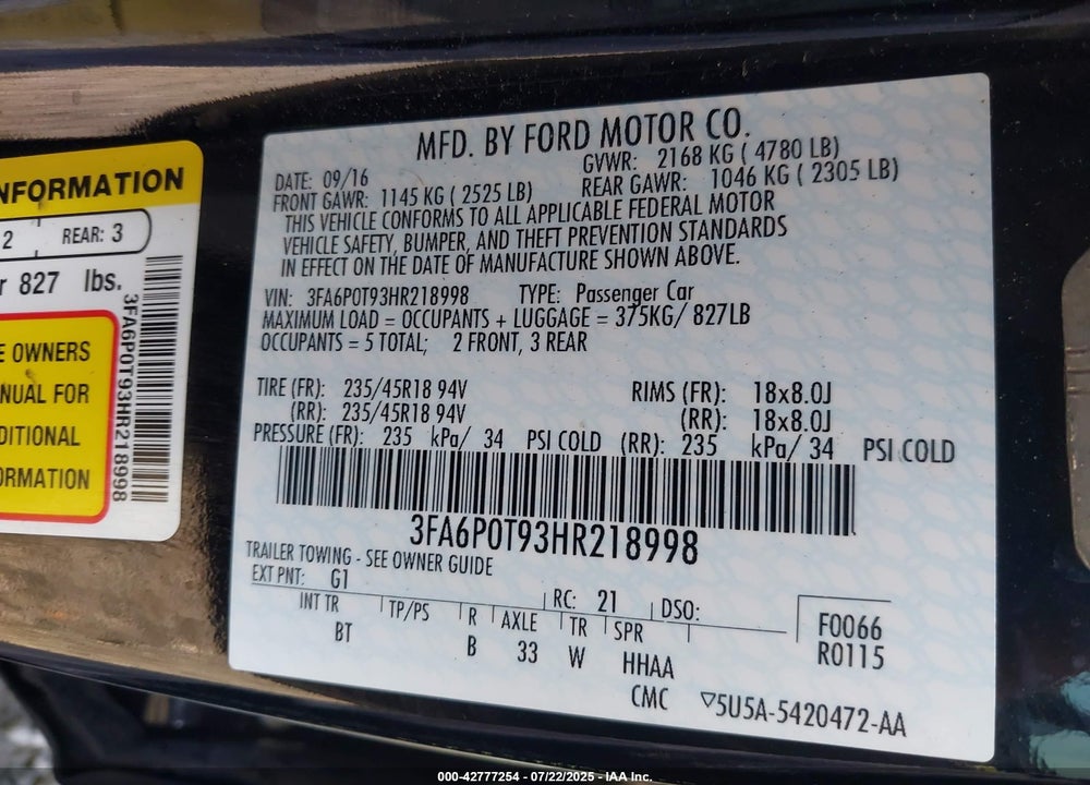 2017 FORD FUSION VIN: 3FA6P0T93HR218998
