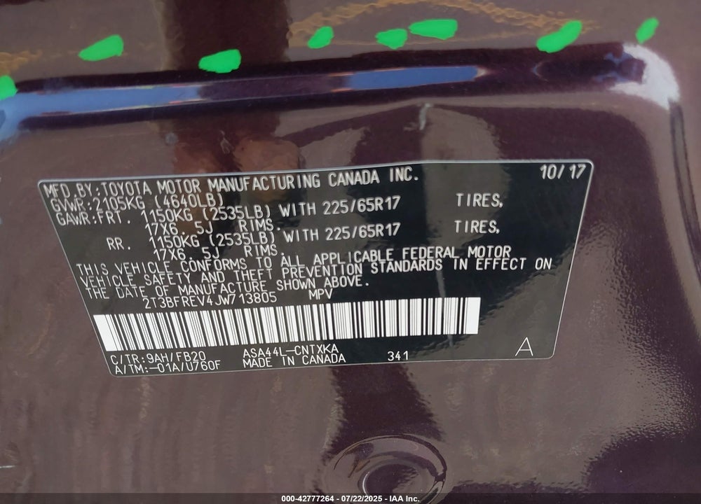 2018 TOYOTA RAV4 VIN: 2T3BFREV4JW713805