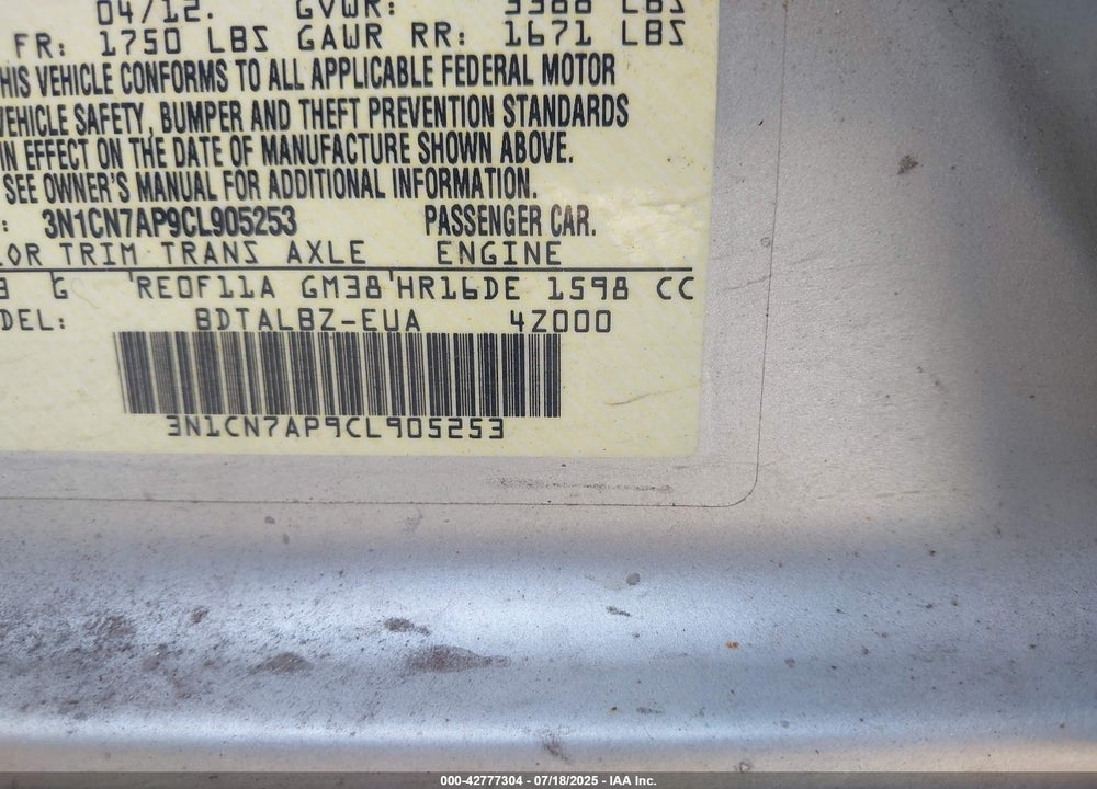 2012 NISSAN VERSA VIN: 3N1CN7AP9CL905253