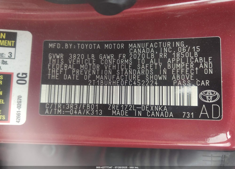 2015 TOYOTA COROLLA VIN: 2T1BURHE0FC452224