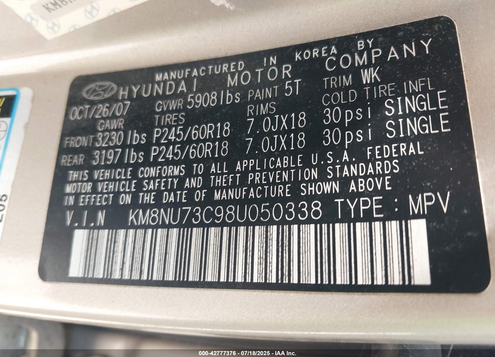 2008 HYUNDAI VERACRUZ VIN: KM8NU73C98U050338