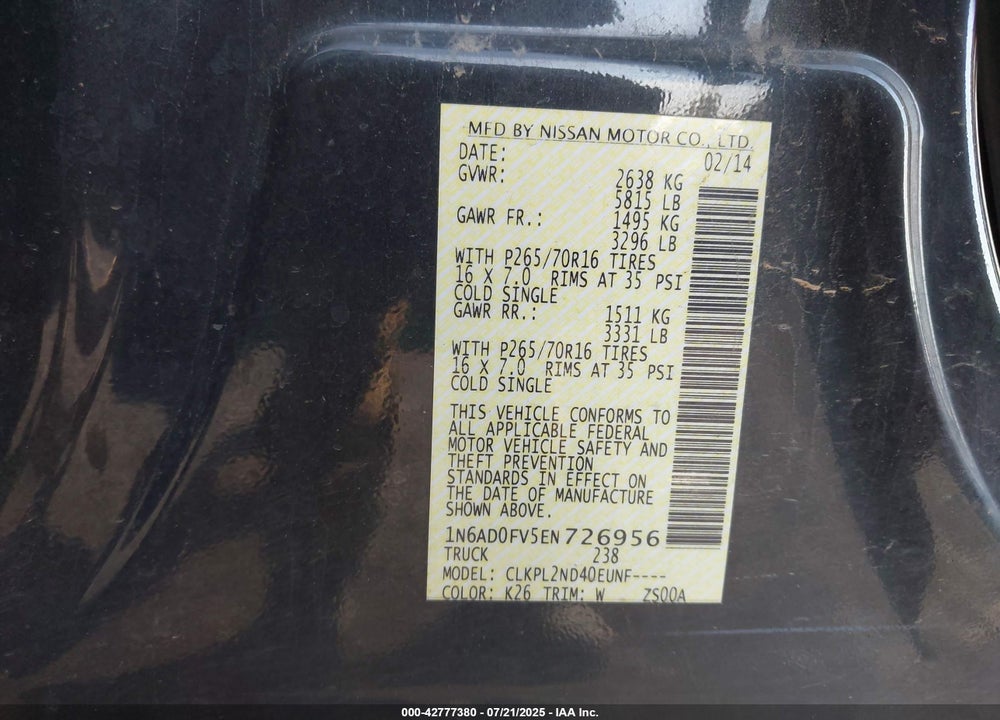 2014 NISSAN FRONTIER VIN: 1N6AD0FV5EN726956