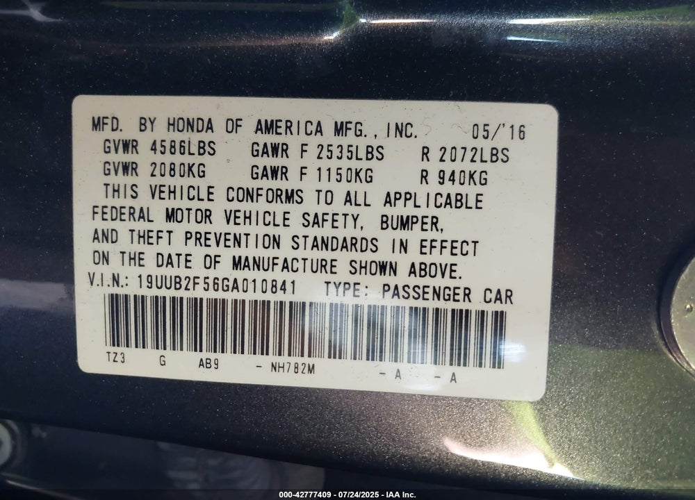 2016 ACURA TLX VIN: 19UUB2F56GA010841