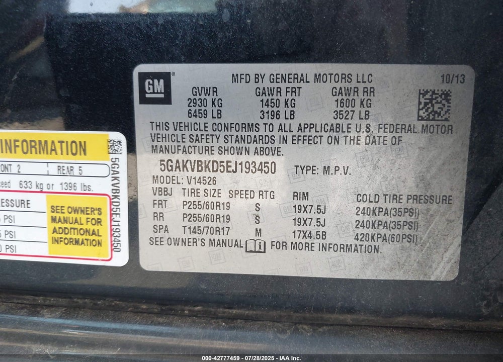 2014 BUICK ENCLAVE VIN: 5GAKVBKD5EJ193450